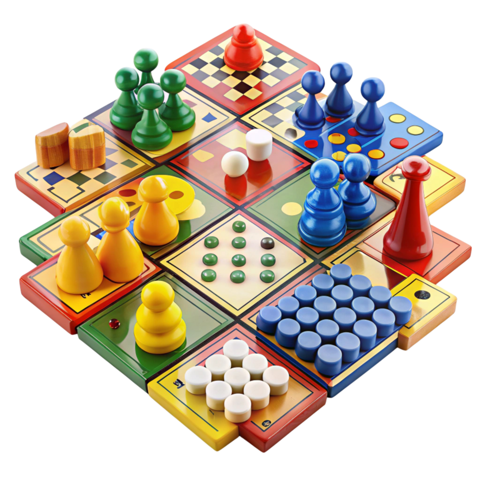 Variety of family friendly board games with colorful pawns and creative layouts for all ages png