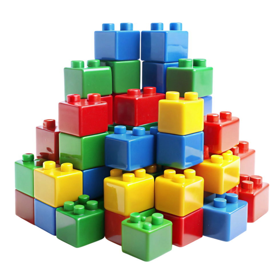Vibrant stack of colorful building blocks creating a pyramid shape, isolated on a bright Transparent Background png