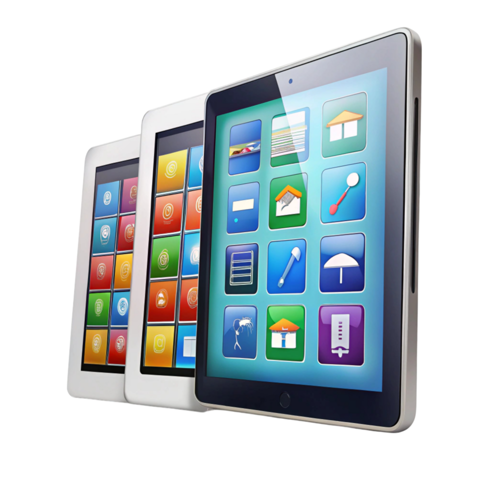 Modern educational tablets with colorful app icons displayed on sleek screens, designed for learning and productivity png