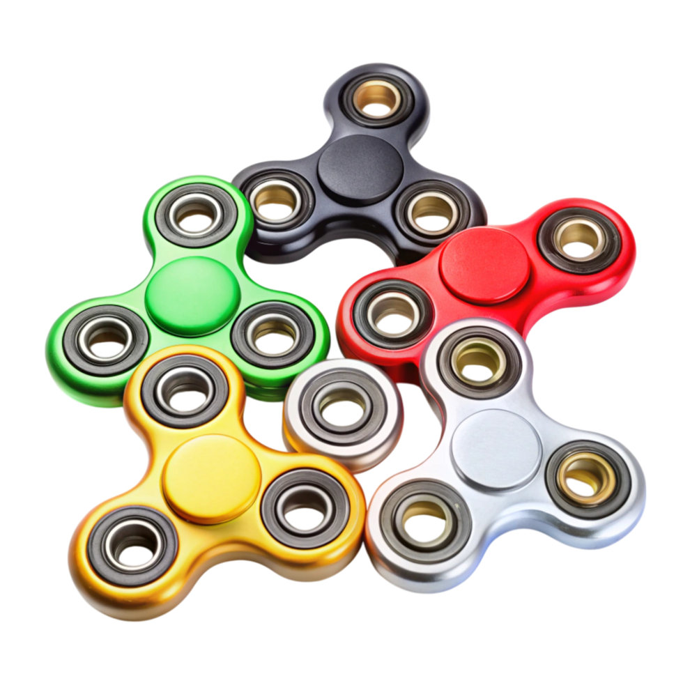 Assorted colorful fidget spinners in metallic finishes displayed in a dynamic arrangement on a Transparent Background png
