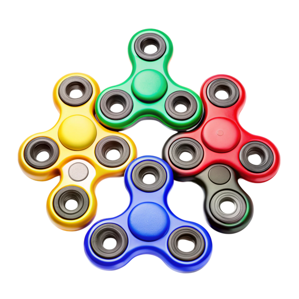 Group of trendy fidget spinners in multiple colors and textures, perfect for stress relief and play on white png