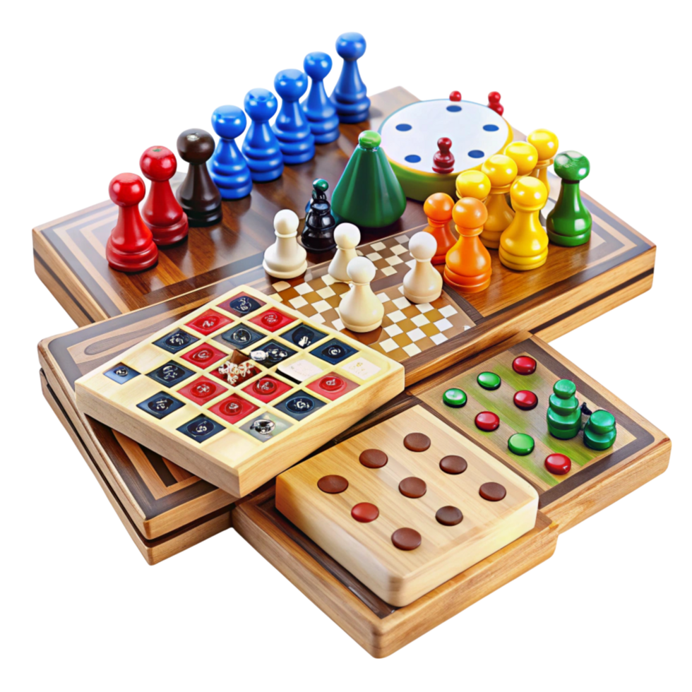 Vibrant collection of colorful board games with unique pieces and strategies on a Transparent Background png