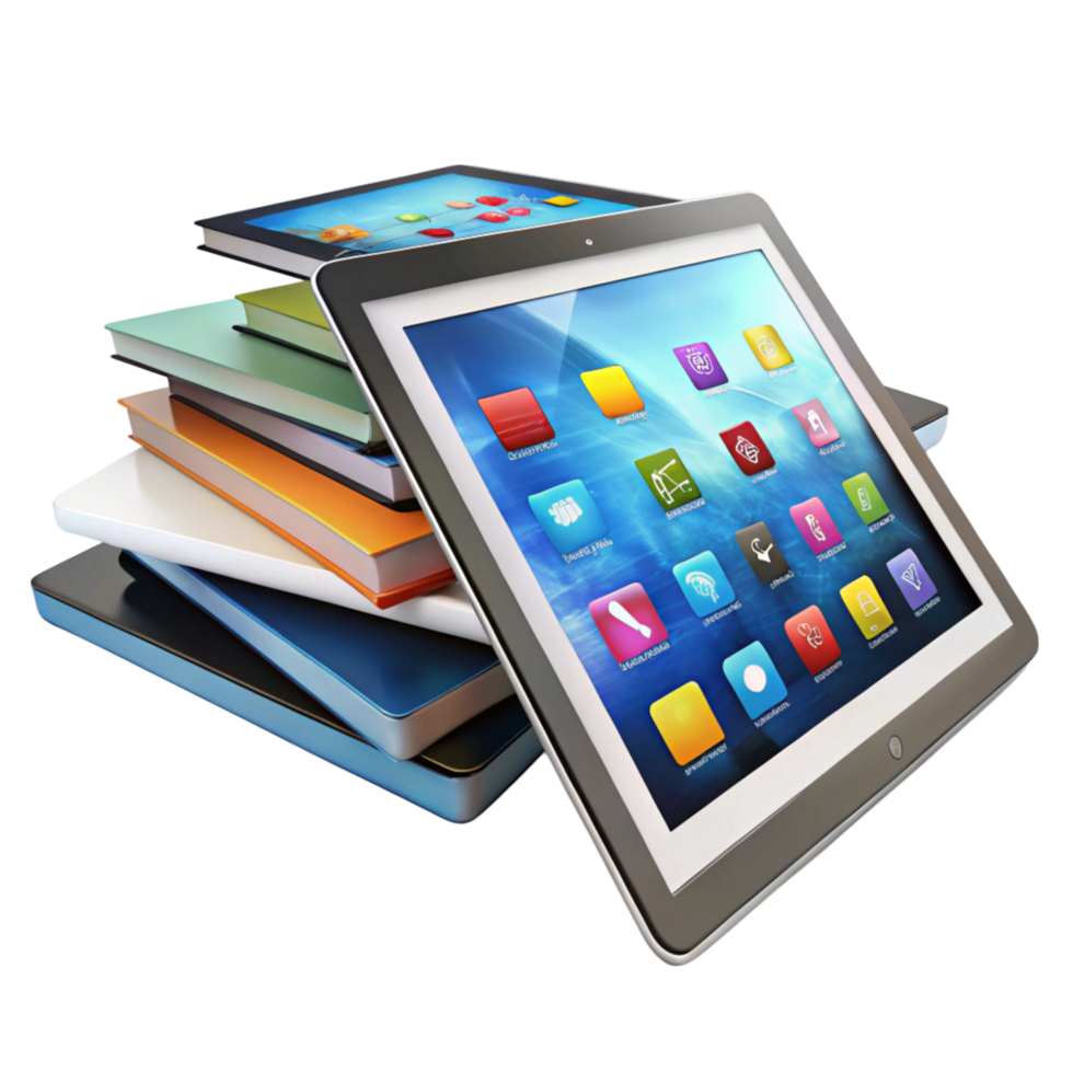 Stack of tablets showcasing interactive displays, ideal for learning, technology, and digital interaction png
