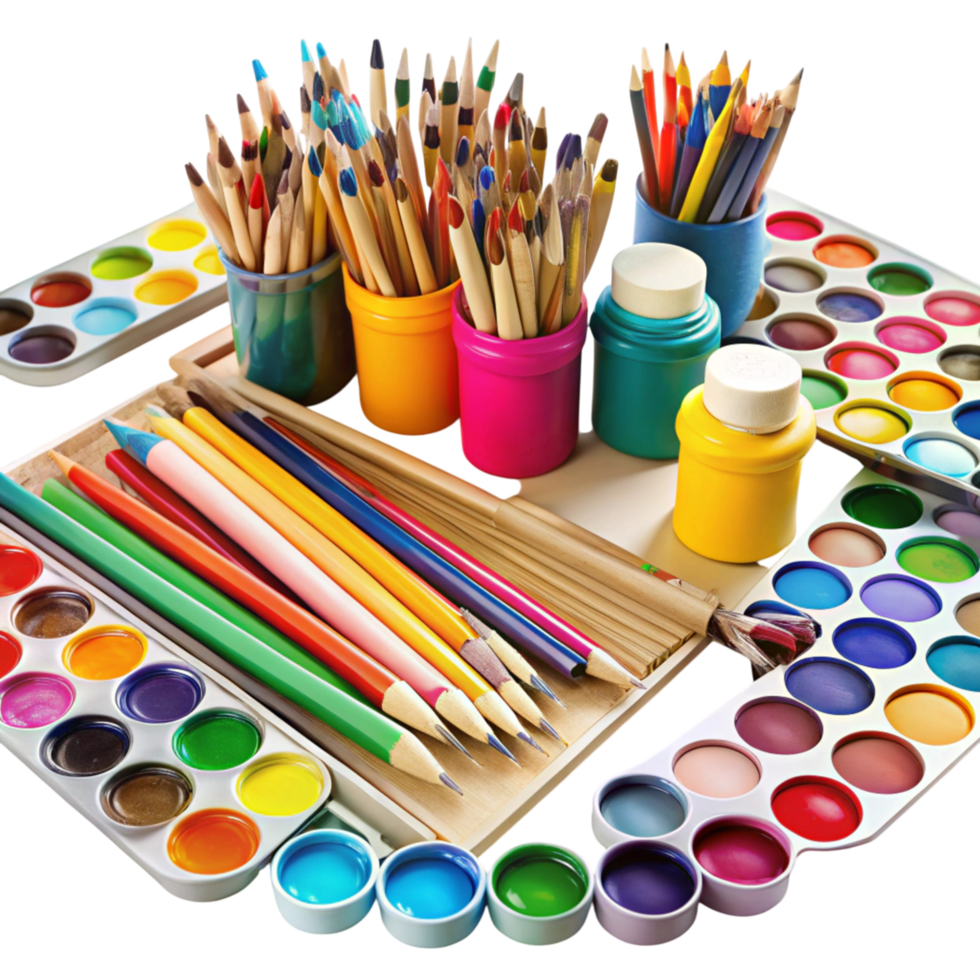 Assorted painting tools and stationery with watercolor palettes, brushes, and vibrant pencils on a clean layout png