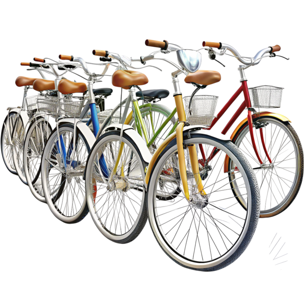 Colorful collection of retro bicycles arranged in a row on a Transparent Background with reflection for modern design png