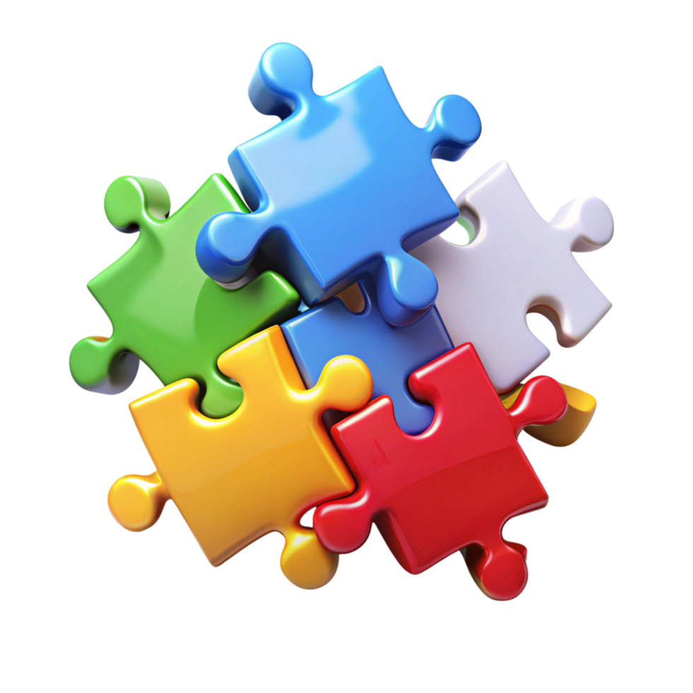 Stack of colorful interlocking puzzle pieces forming a playful composition on a clean Transparent Background png