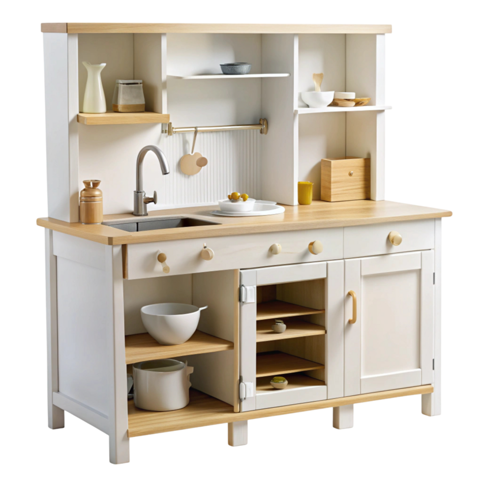 Modern and stylish kids' kitchen playset with storage, cookware, and realistic features, perfect for imaginative play png