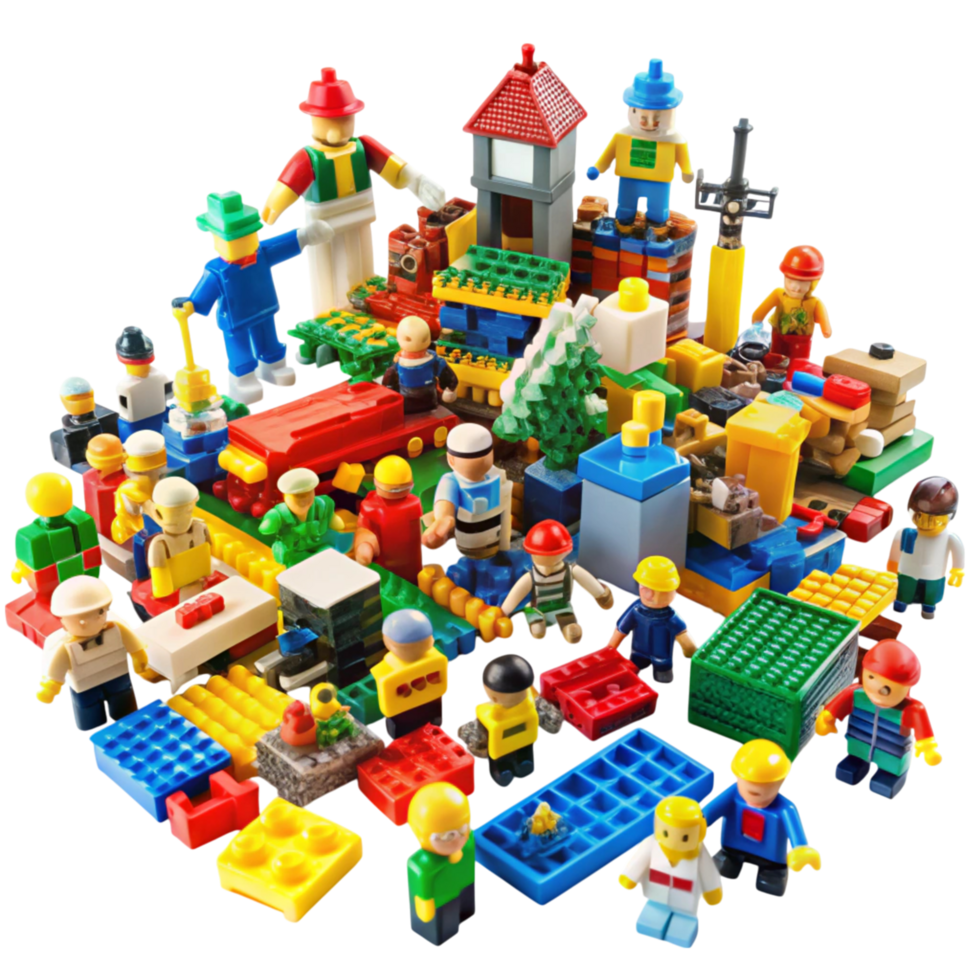 Playful arrangement of LEGO blocks and characters highlighting teamwork, creativity, and fun against a Transparent Background png