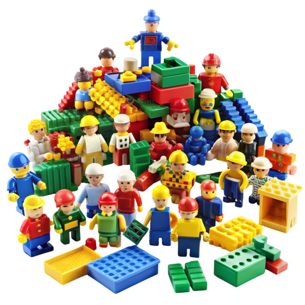LEGO toy set featuring mini figures, vehicles, and buildings arranged in a dynamic and imaginative display png