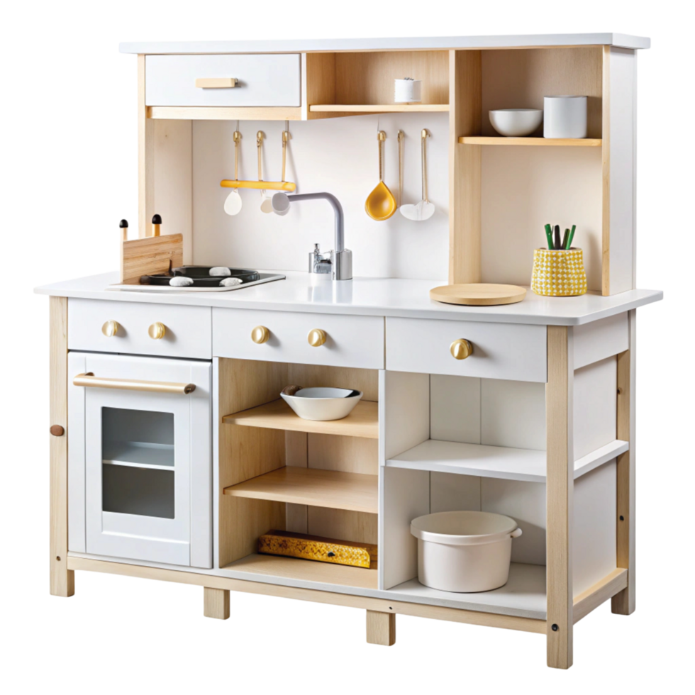 Compact play kitchen for children with functional designs and vibrant elements arranged on a bright white surface png