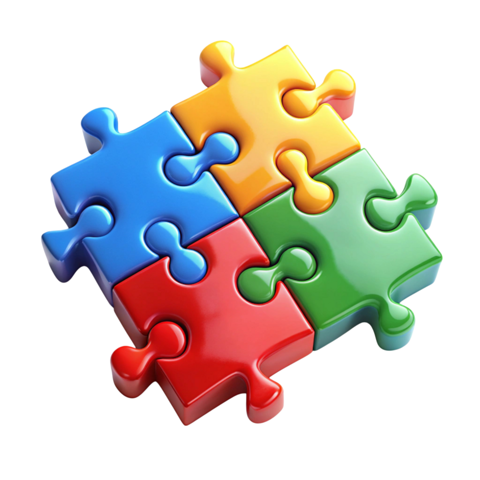 Vibrant puzzle pieces in red, blue, yellow, green, and white, highlighting their interlocking design against a clear backdrop png