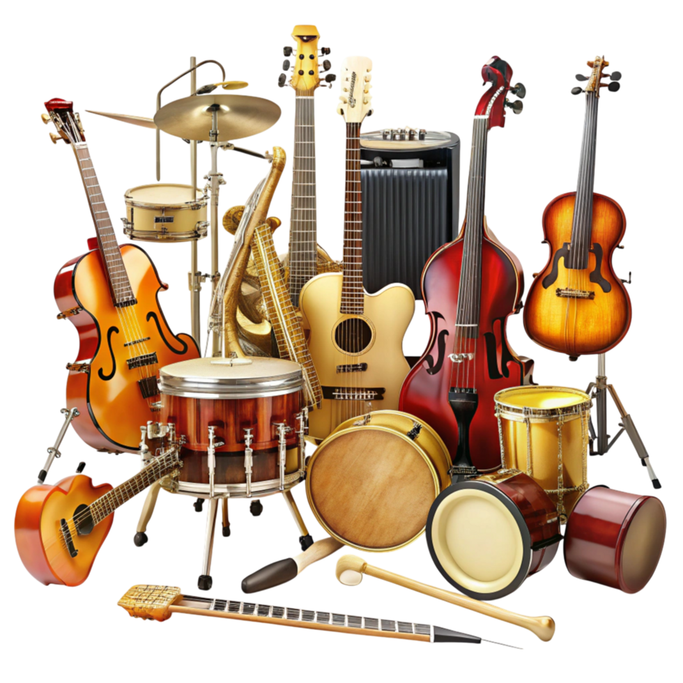 Group of various musical instruments emphasizing creativity, sound, and artistic expression on a bright background png