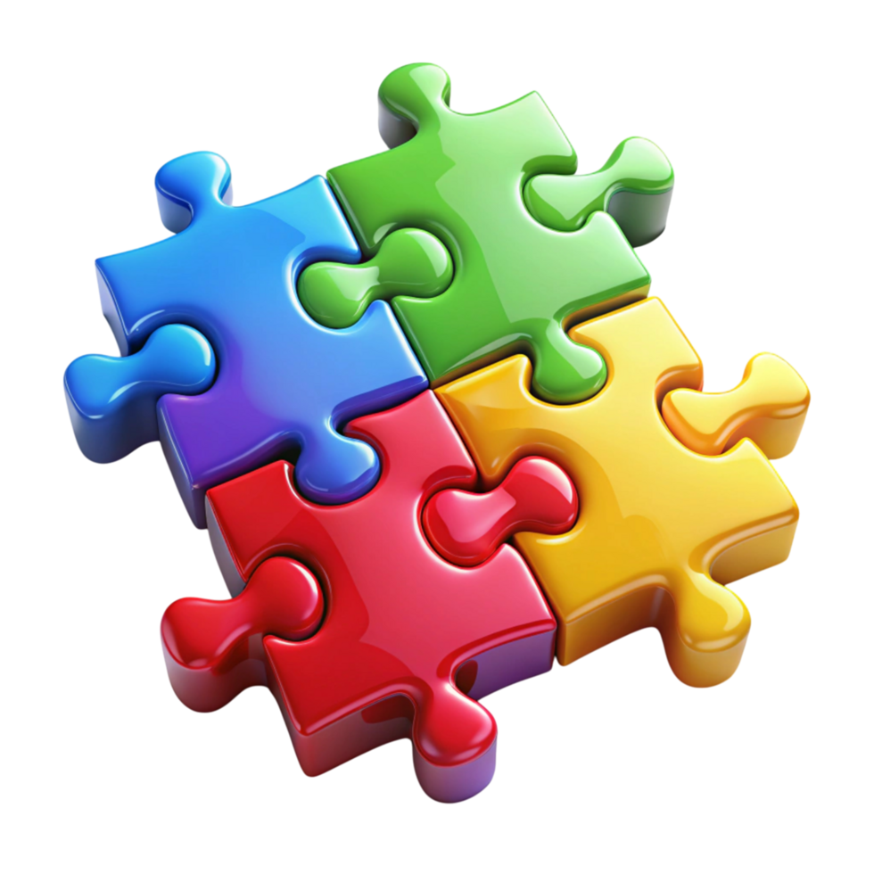 Creative arrangement of colorful puzzle pieces emphasizing teamwork, creativity, and problem solving on a white surface png
