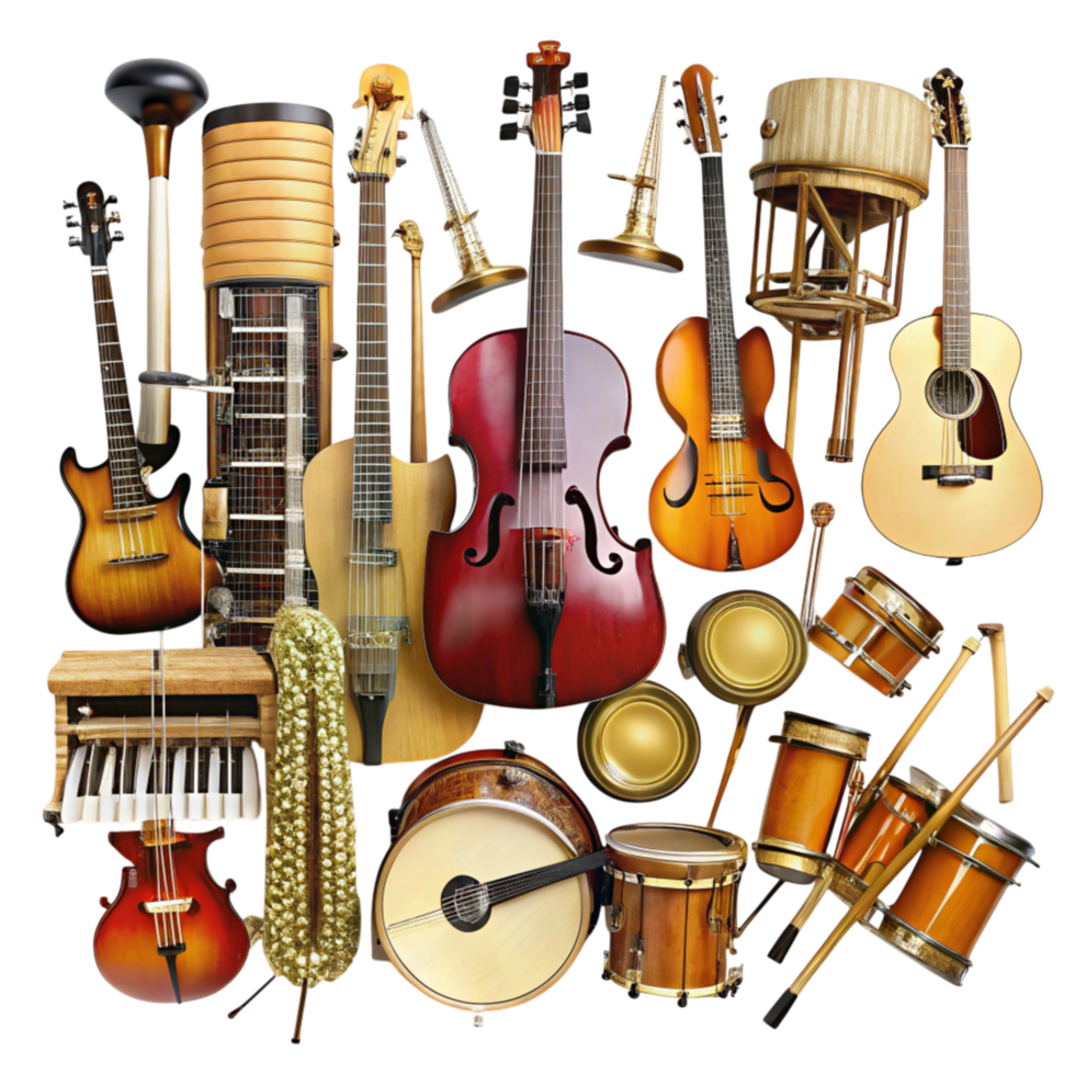 Vibrant and detailed musical instruments featuring guitars, violins, drums, and saxophones displayed together png