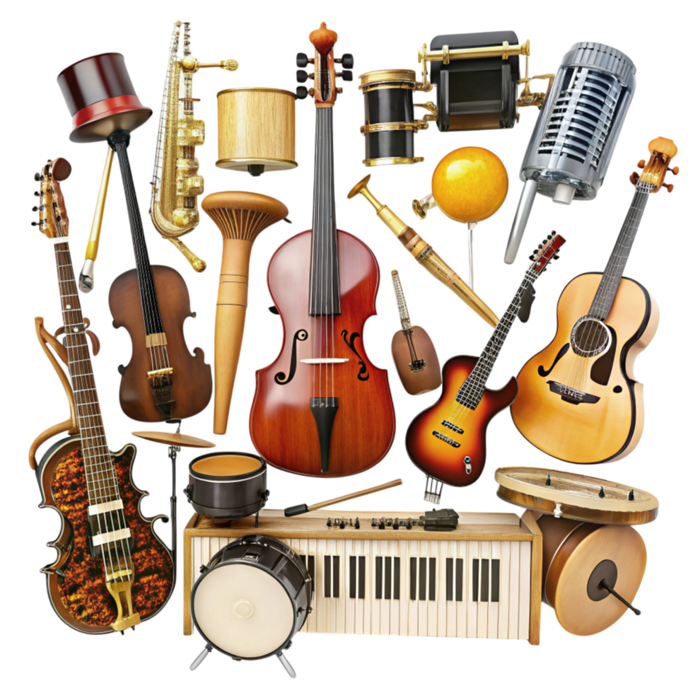 Assortment of classical and modern musical instruments arranged in a studio setting on a clean white surface png