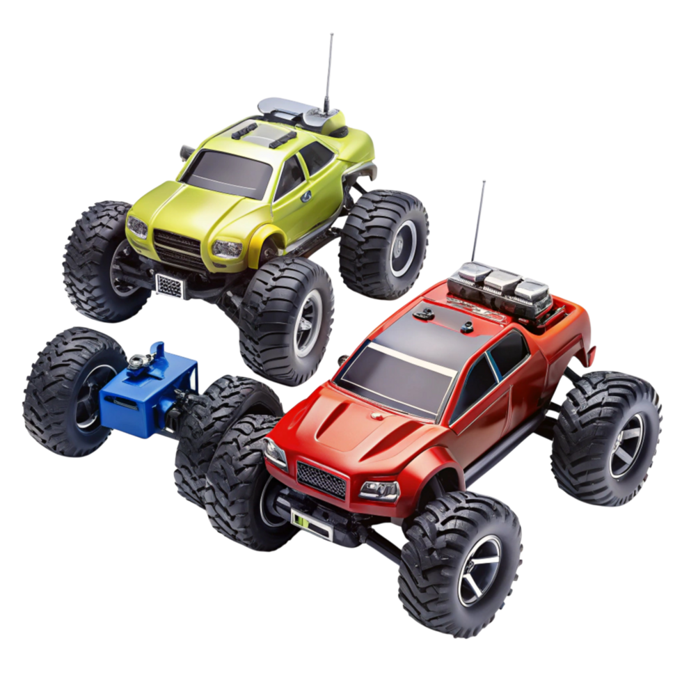 Dynamic arrangement of radio controlled cars with powerful designs and oversized tires, ideal for rugged play environments png