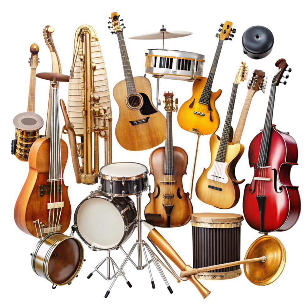 Diverse collection of musical instruments including strings, percussion, and wind displayed on a Transparent Background png