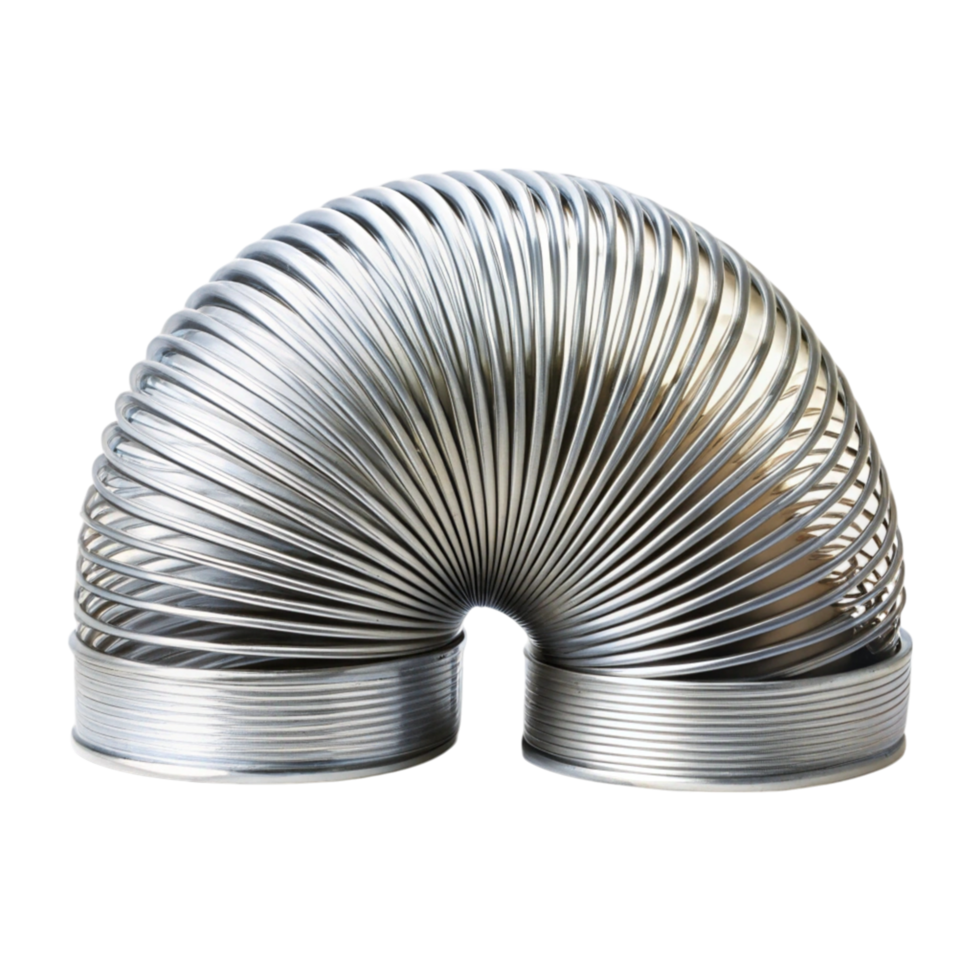 Shiny metal slinky toy with coiled design standing upright on a Transparent Background, showcasing its spring like structure png