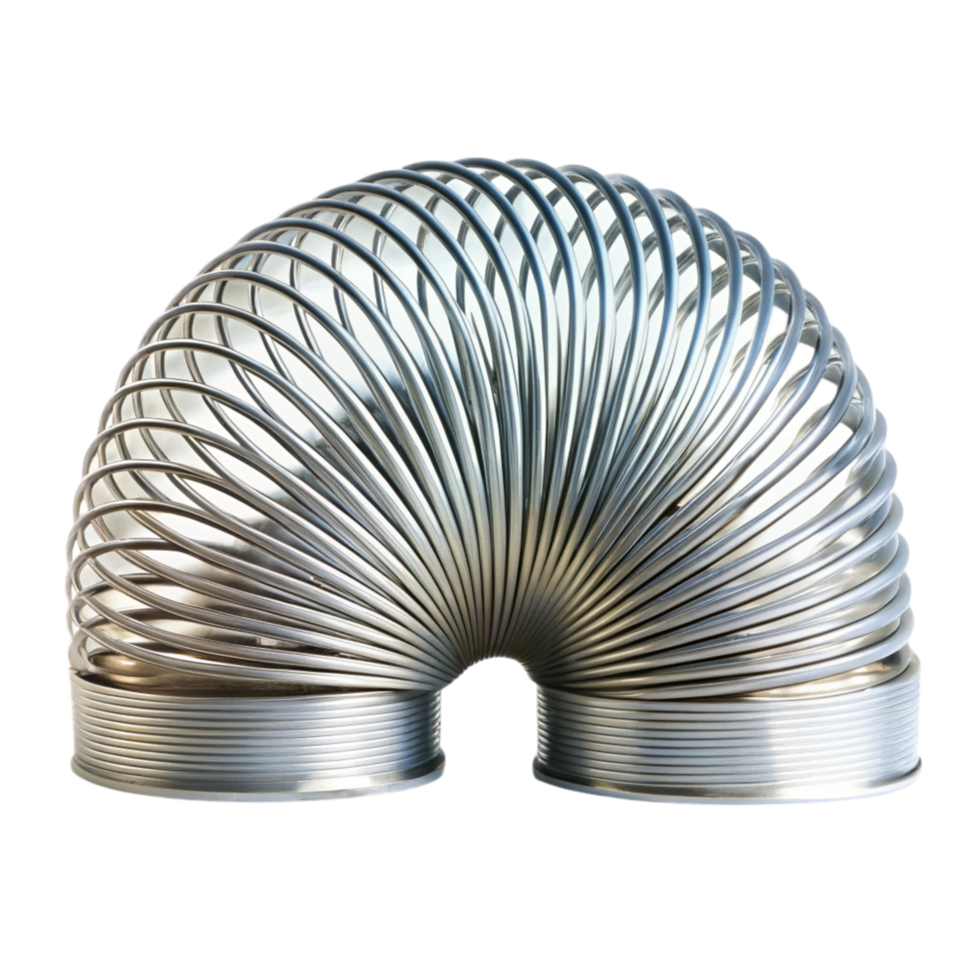 Close up of a metallic slinky with intricate coil details displayed in a perfect arch shape against a clean white surface png