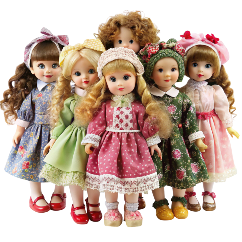 Elegant porcelain dolls standing together, showcasing classic designs, intricate dresses, and delicate features png
