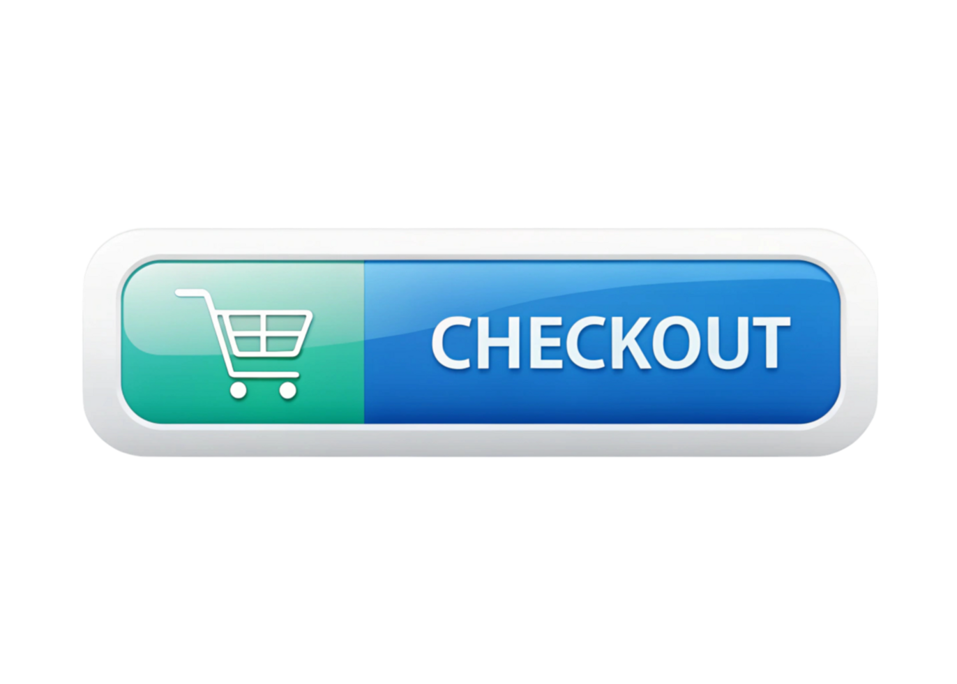 Green and blue checkout button featuring shopping cart icon, isolated on white, representing e commerce transaction process png