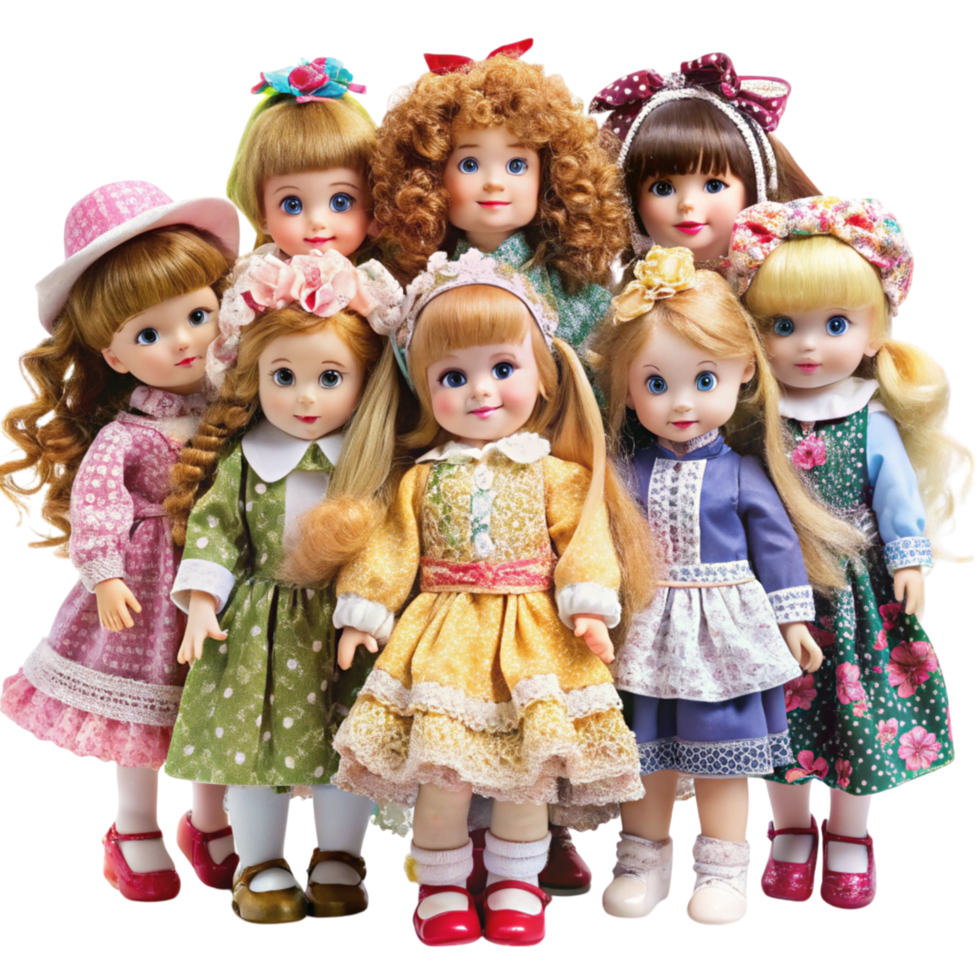 Group of charming collectible porcelain dolls with intricate lace outfits and curly hairstyles in soft tones png