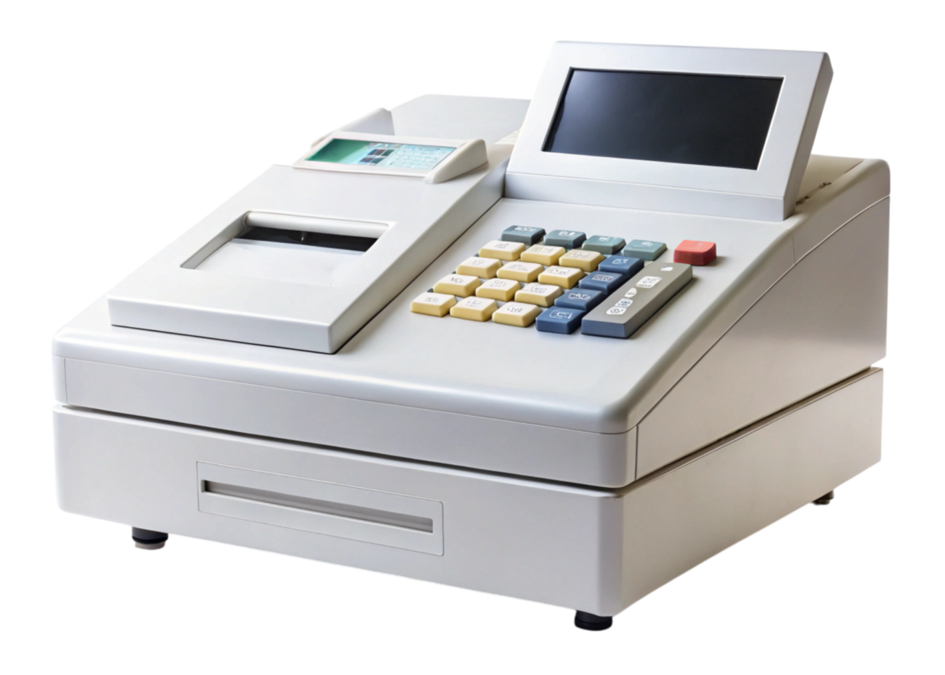 Modern electronic cash register with display screen and keypad, isolated on Transparent Background, ideal for retail businesses png