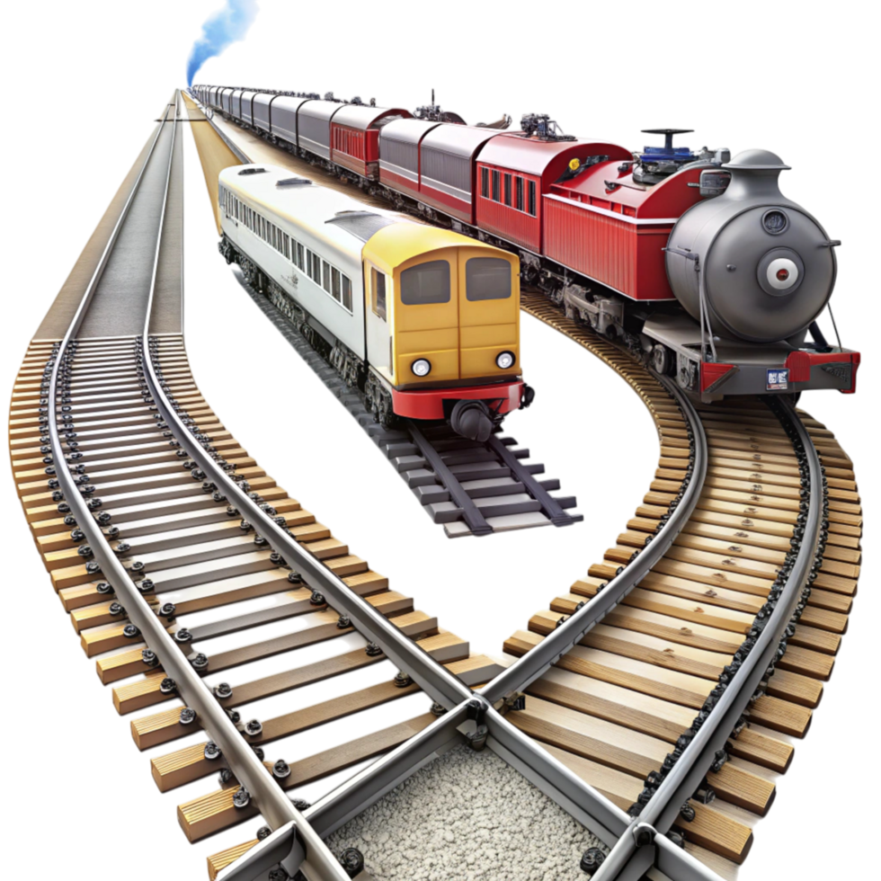 Assortment of miniature train models including steam, diesel, and modern engines arranged on railway tracks png