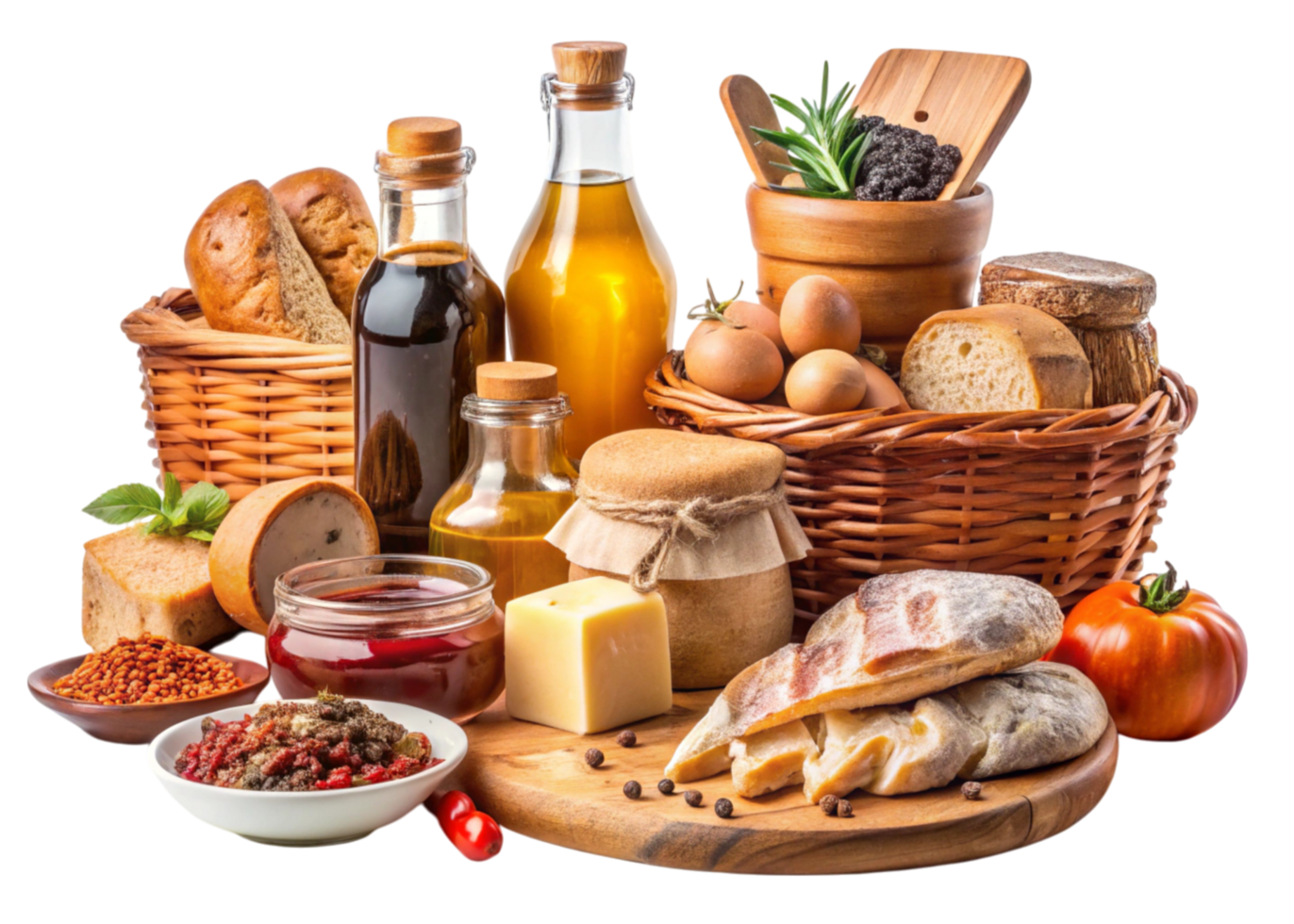 Gourmet organic products including fresh bread, spices, and oil arranged in a rustic style png