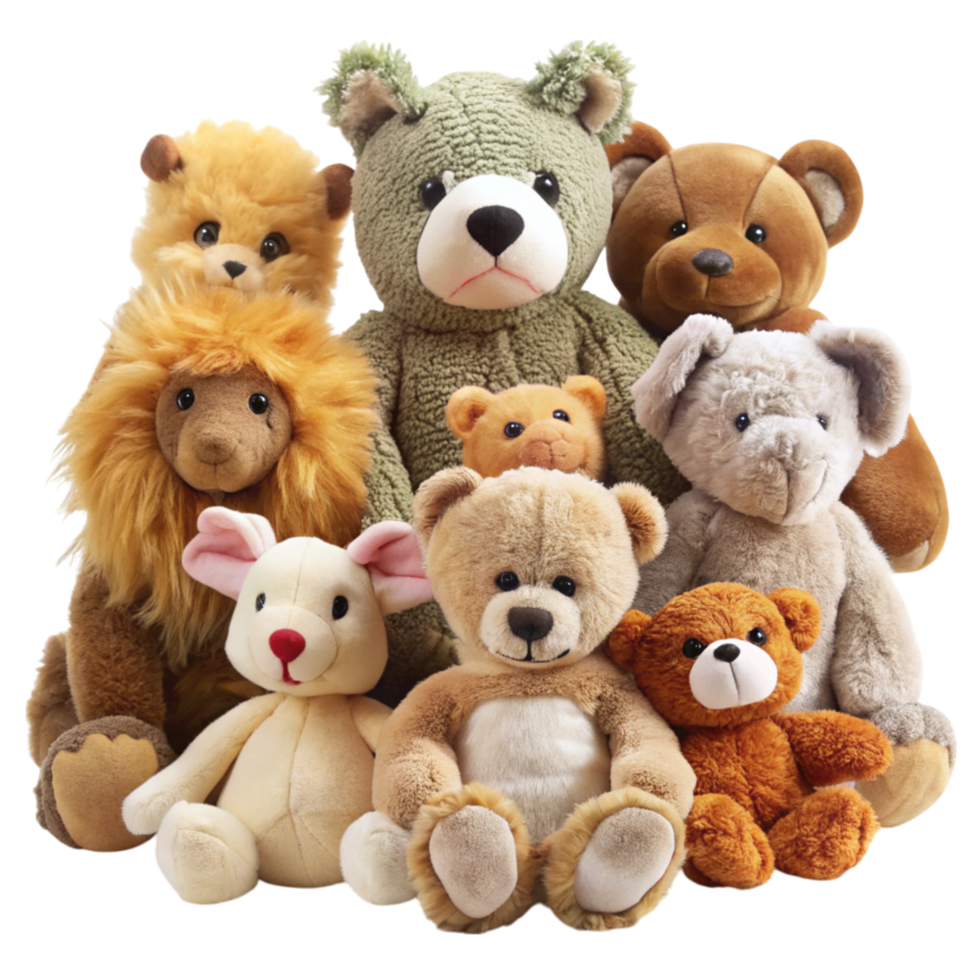 Collection of soft and colorful stuffed animals featuring teddy bears and other plush characters in a studio setting png