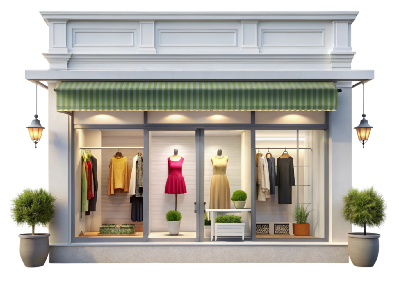 Retail store front with chic design, showcasing clothing, stylish awnings, and modern architectural details png