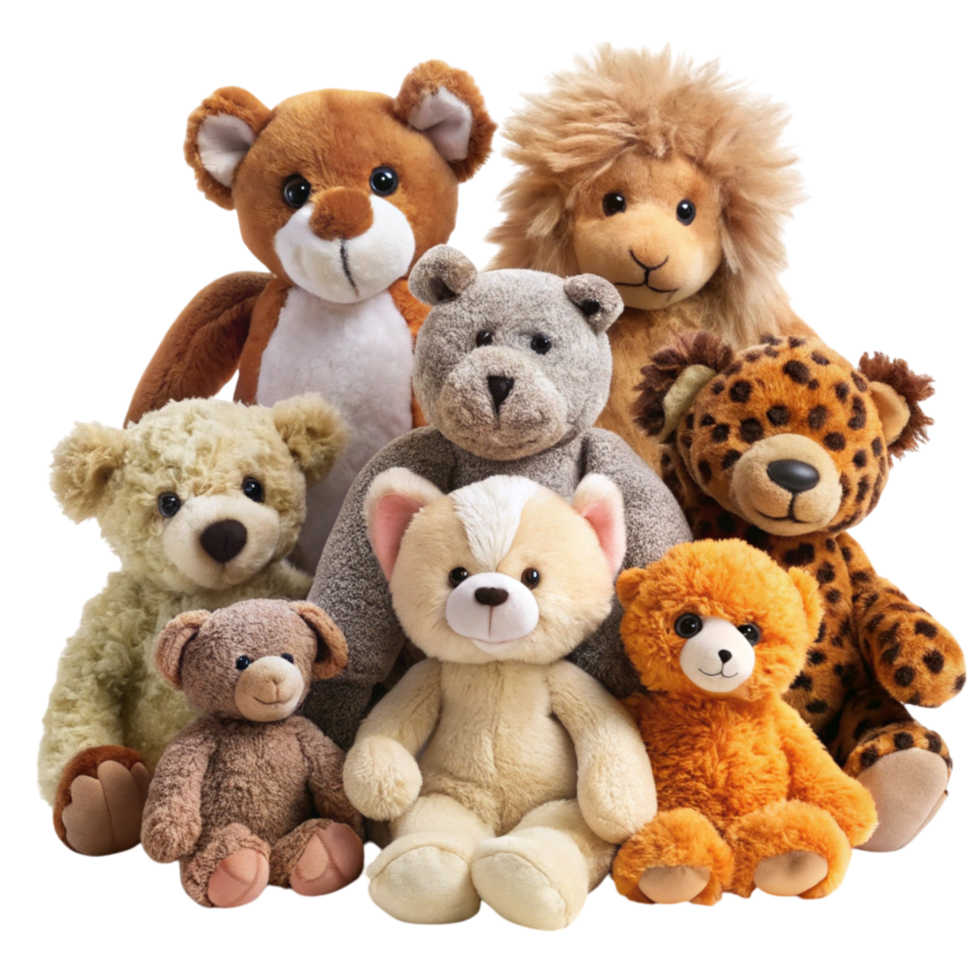 Cute and fluffy stuffed animals in a variety of shapes and designs placed together on a clean white surface png