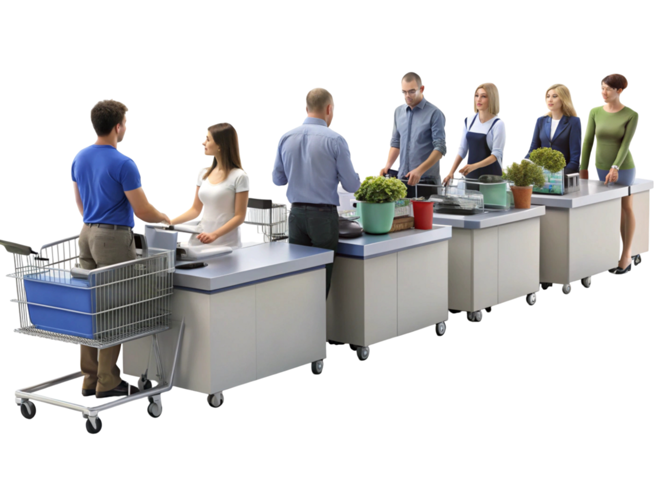 Queue of shoppers at supermarket checkout counters with carts and goods, perfect for retail and commerce themes png