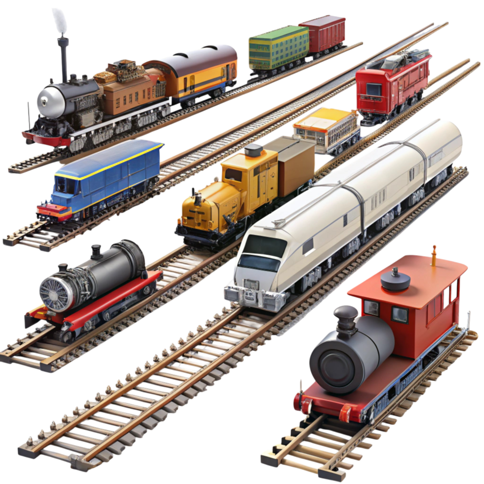 Variety of model trains on parallel tracks with diverse locomotive styles and designs on a Transparent Background png