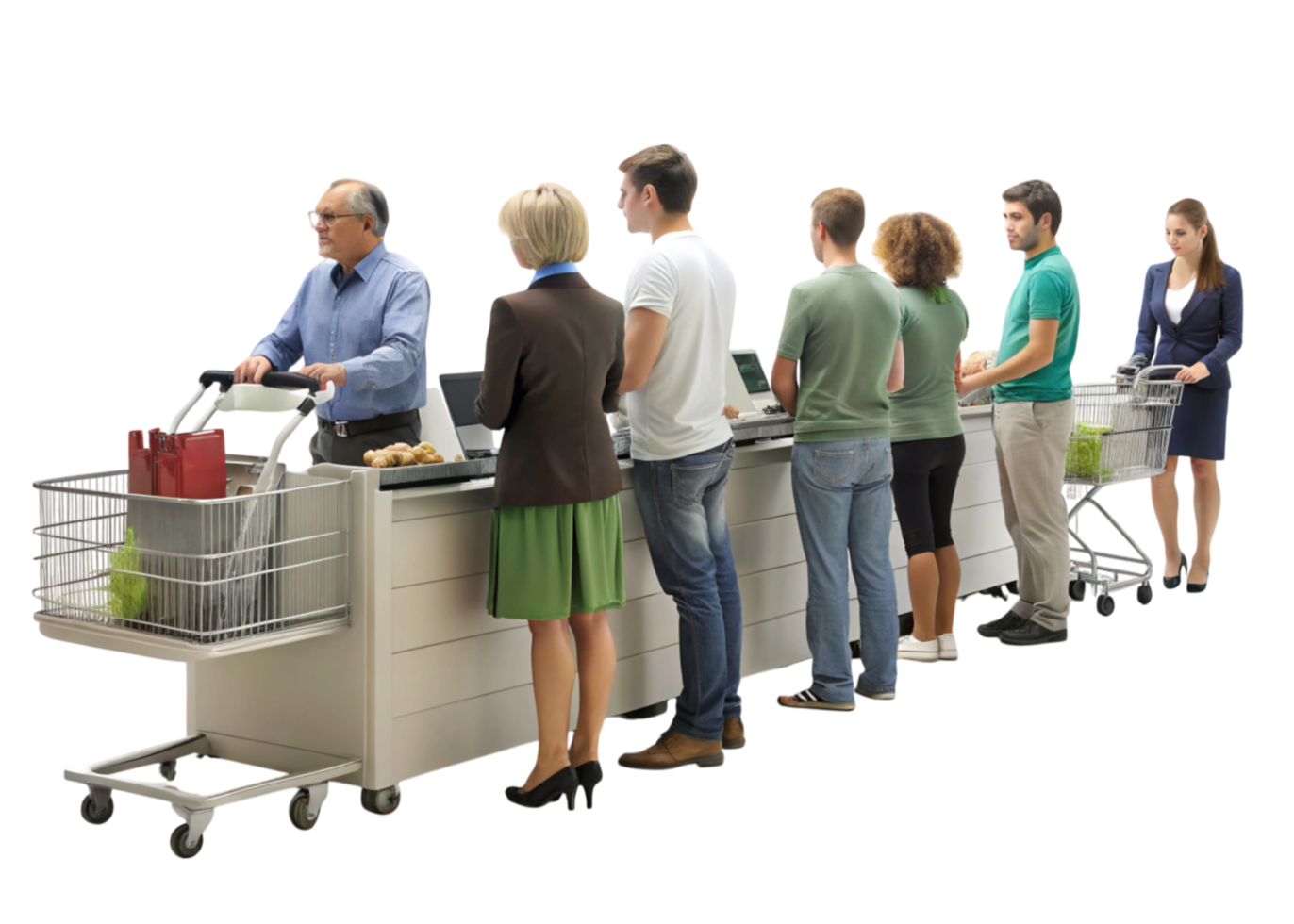 Grocery store checkout line with diverse customers and shopping carts, isolated on Transparent Background, retail concept png