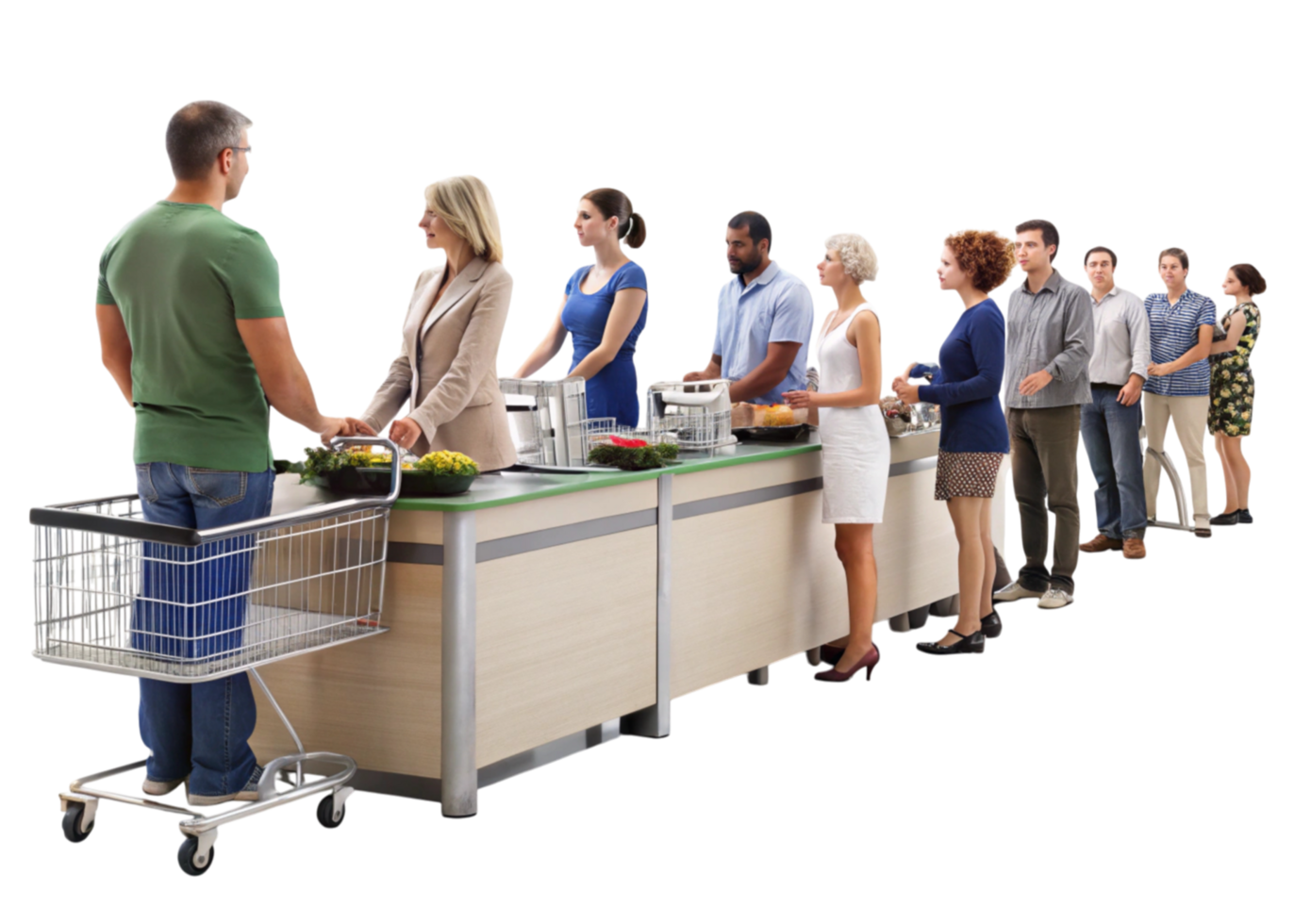 Checkout process with customers and clerks at supermarket counters, isolated on clean Transparent Background png