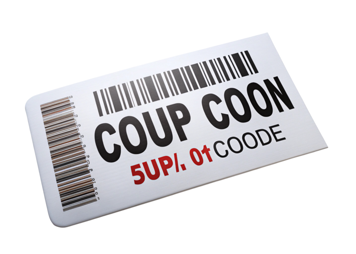 Modern coupon code ticket with barcode on white surface, representing discounts, savings, and special offers png