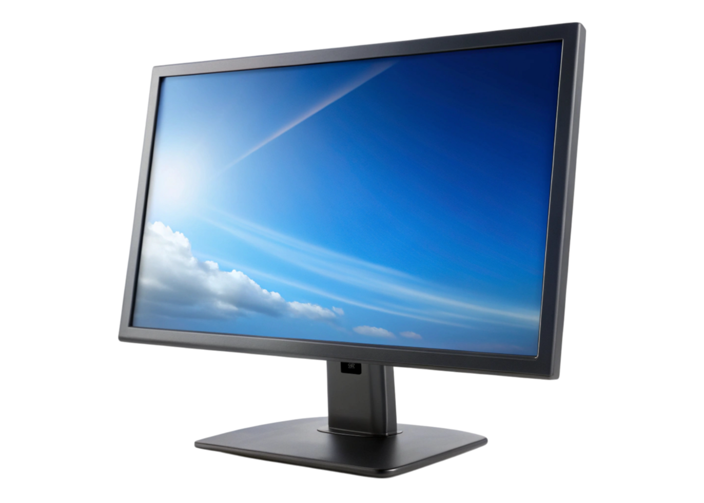 Sleek desktop monitor featuring a colorful display of a sunny blue sky and fluffy clouds on a clean white surface png