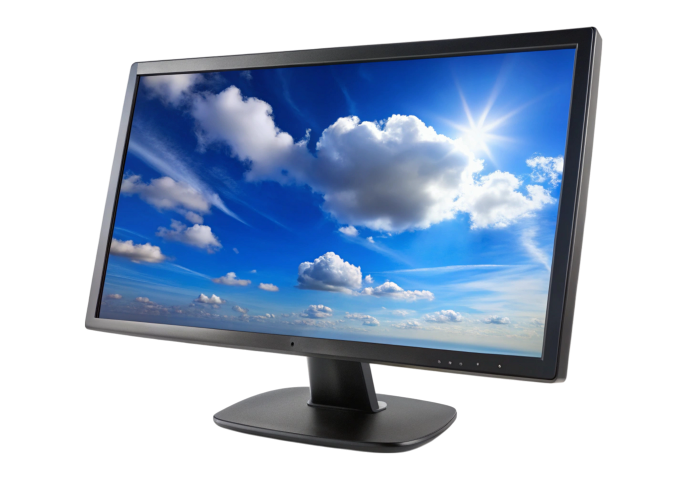 Desktop monitor with vibrant screen displaying a bright blue sky with fluffy clouds, isolated on a Transparent Background png