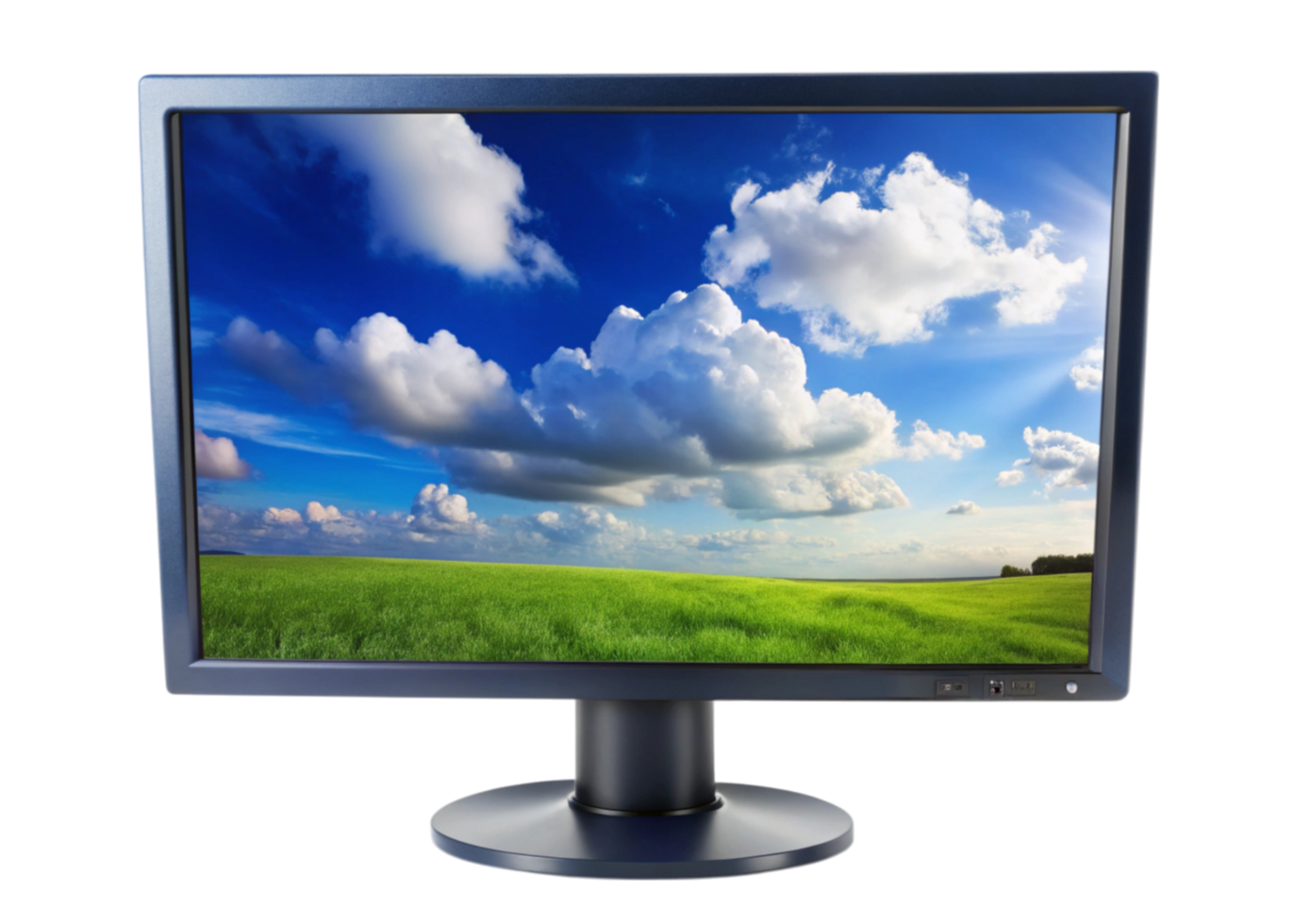 High resolution monitor displaying a serene natural sky scene with bright sunlight and scattered white clouds png