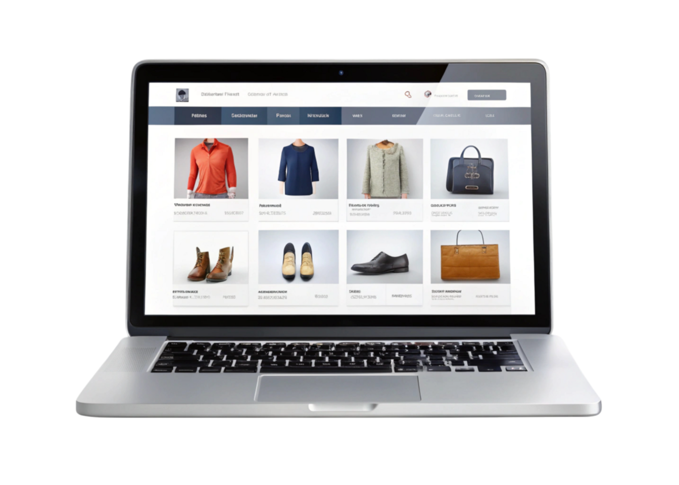 Digital shopping concept with laptop showcasing clothing, footwear, and accessories on an e commerce website png