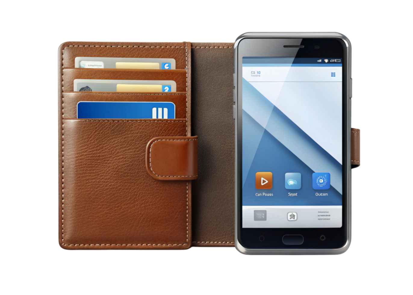 Digital wallet with smartphone displaying interface and cards in a sleek leather case, Transparent Background setup png
