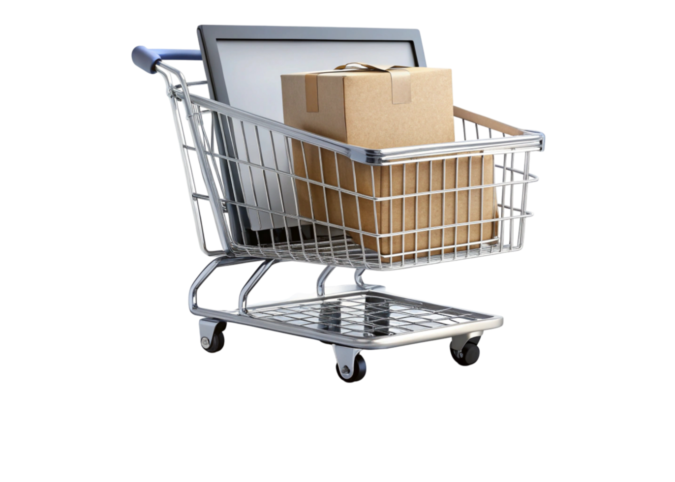 Shopping cart with boxes on a laptop, representing online shopping and express checkout on a Transparent Background png