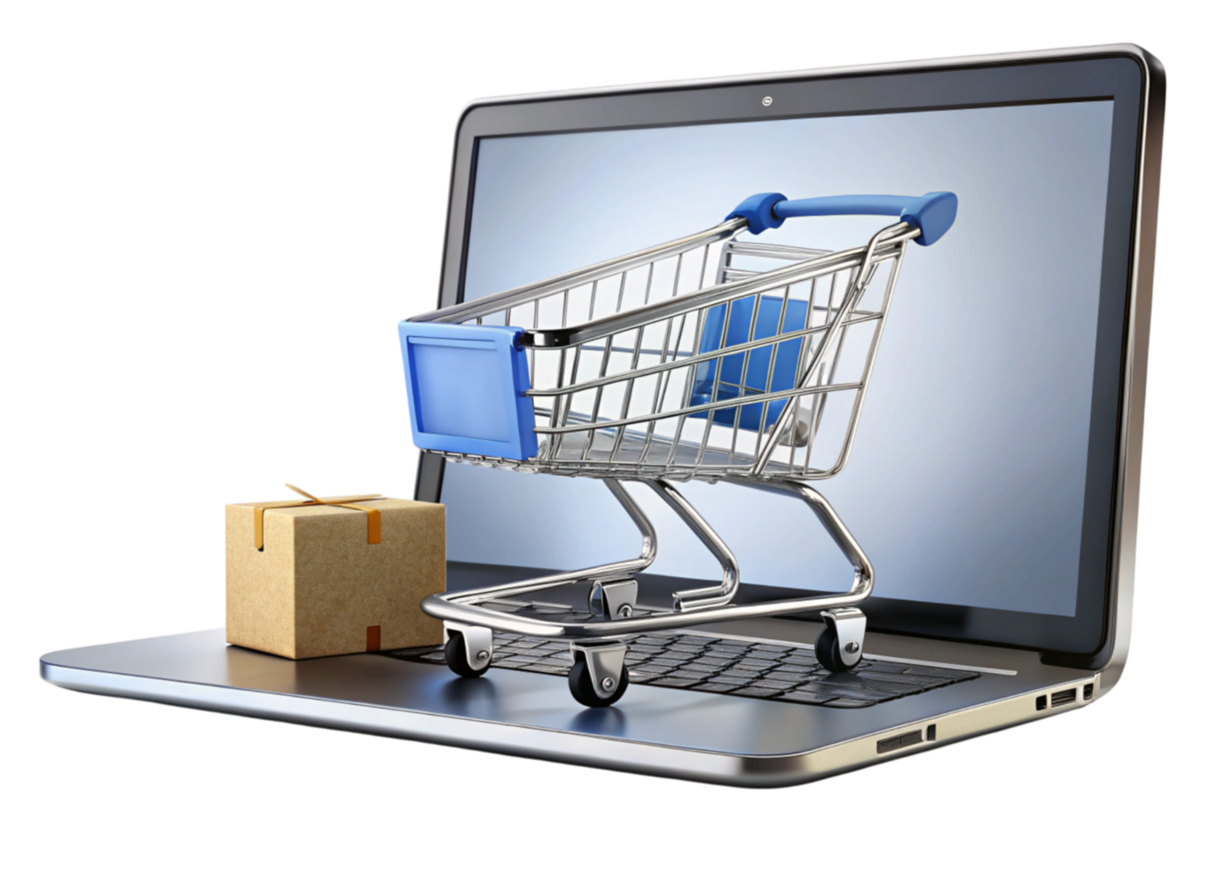 Online retail visualized with a cart filled with boxes on a sleek laptop, emphasizing digital shopping convenience png