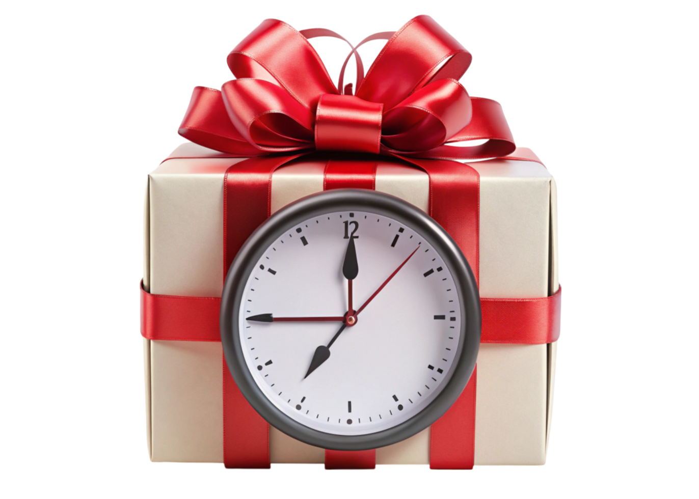 Conceptual image of a wrapped gift with a clock, highlighting time management, special occasions, and thoughtfulness png