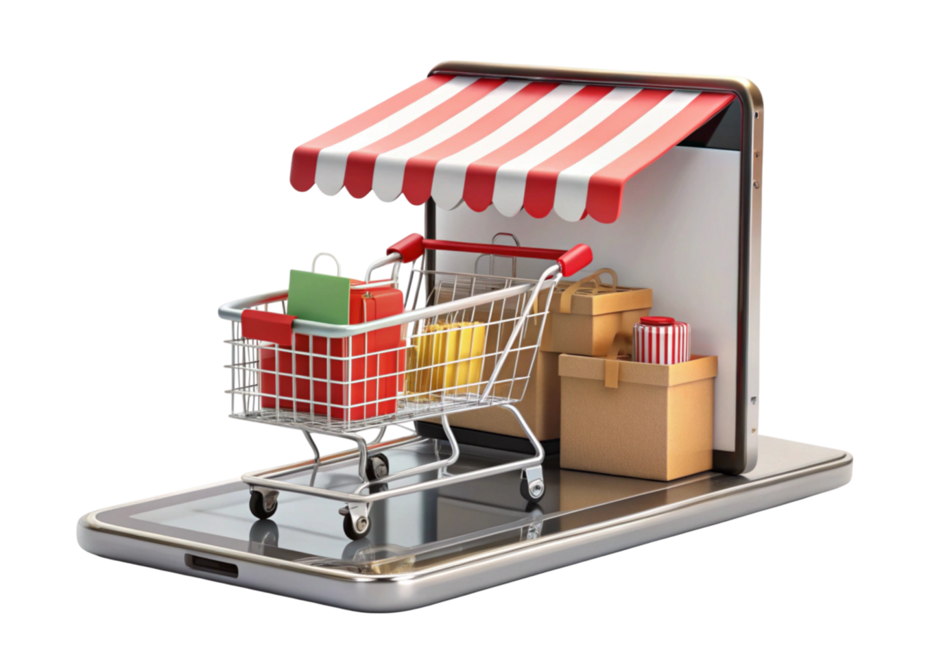 Creative concept of online shopping with a mobile phone featuring a shopping cart, striped awning, and gift boxes png