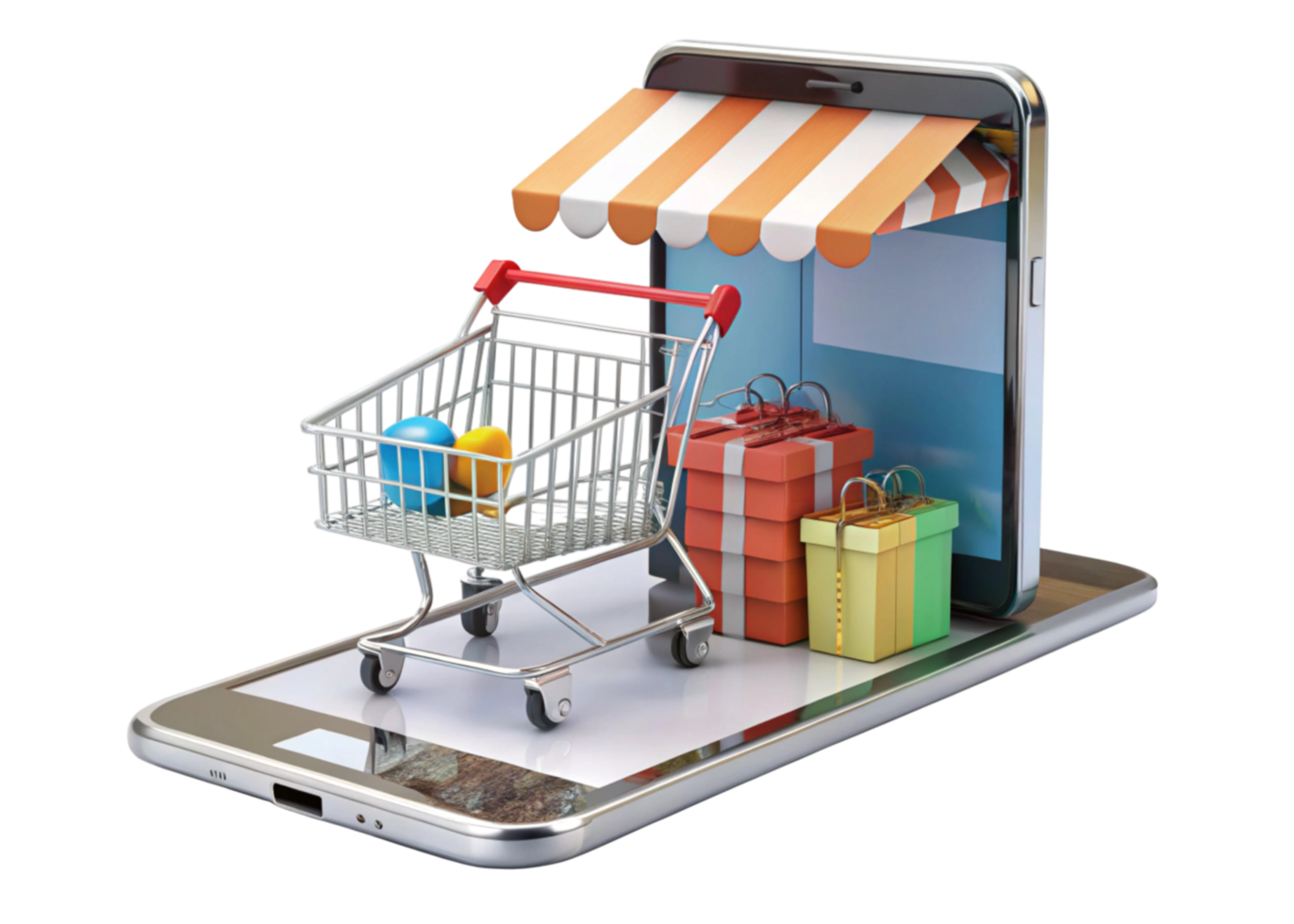 Digital shopping experience illustrated with a phone as a storefront, complete with products, carts, and packages png