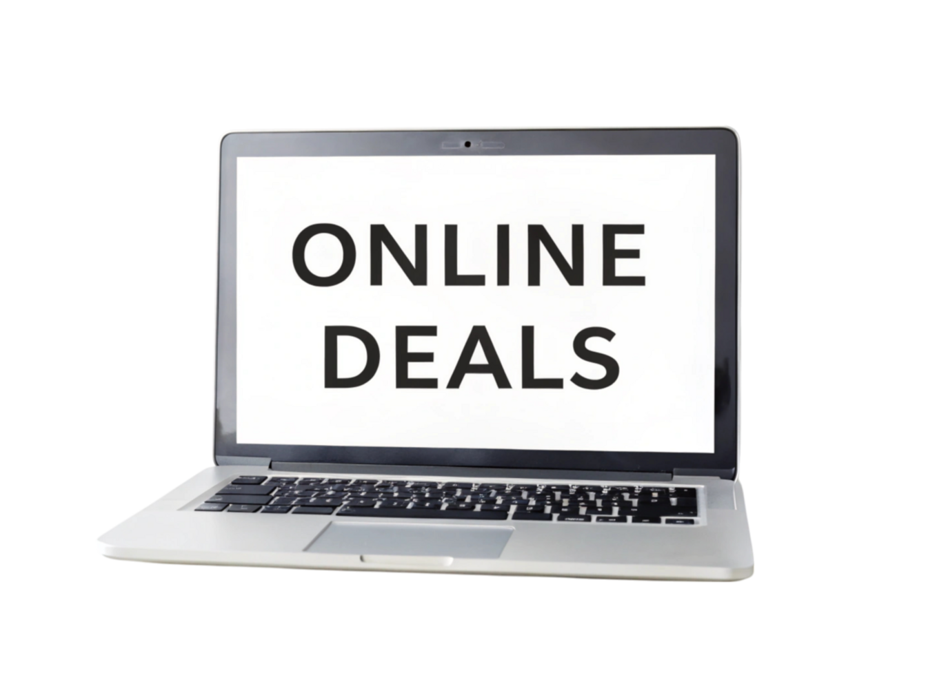 Sleek laptop with bright screen featuring Online Deals message, ideal for promoting internet discounts and sales png