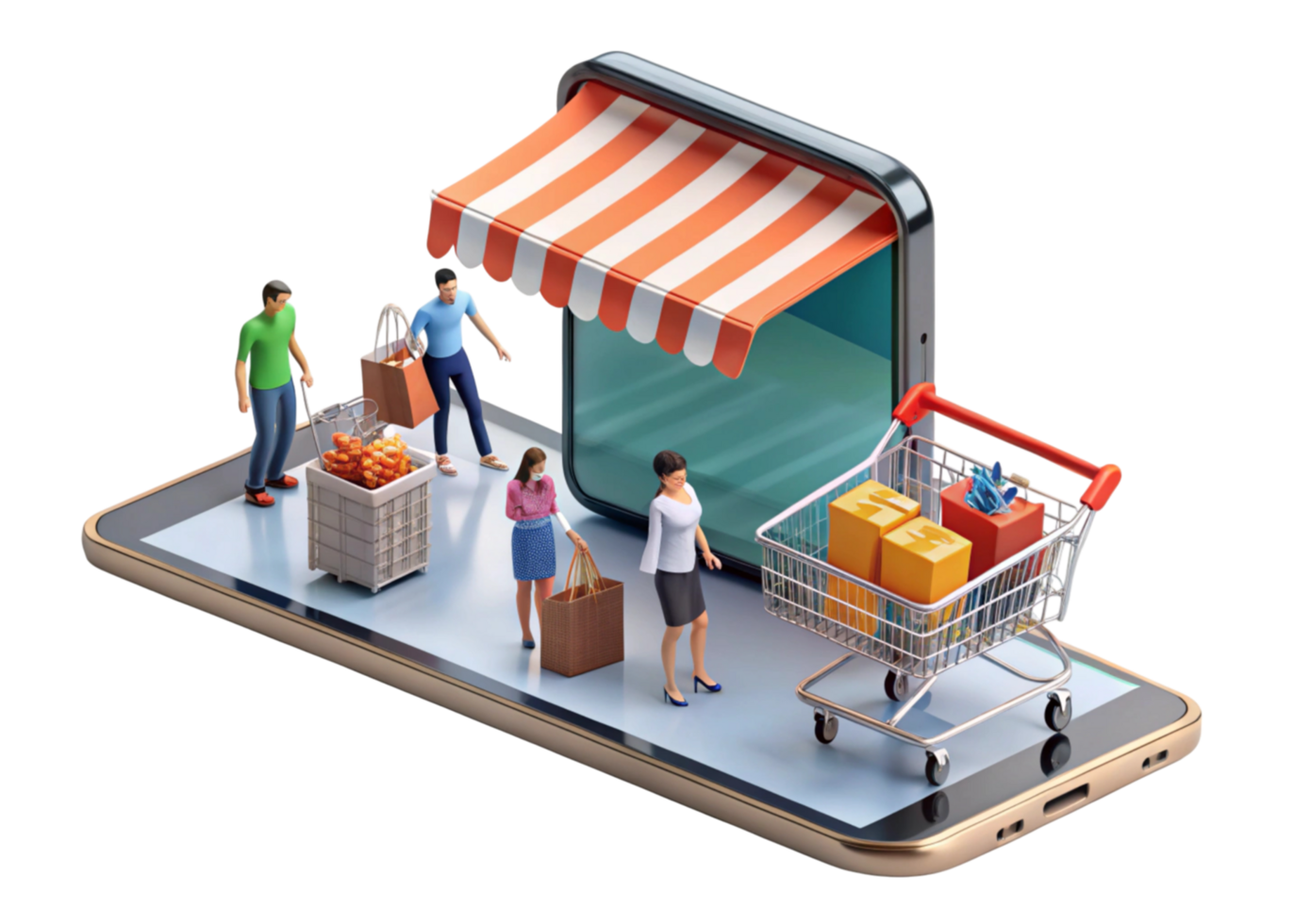 Mobile commerce representation with a smartphone displaying shopping carts, bags, and a storefront awning png
