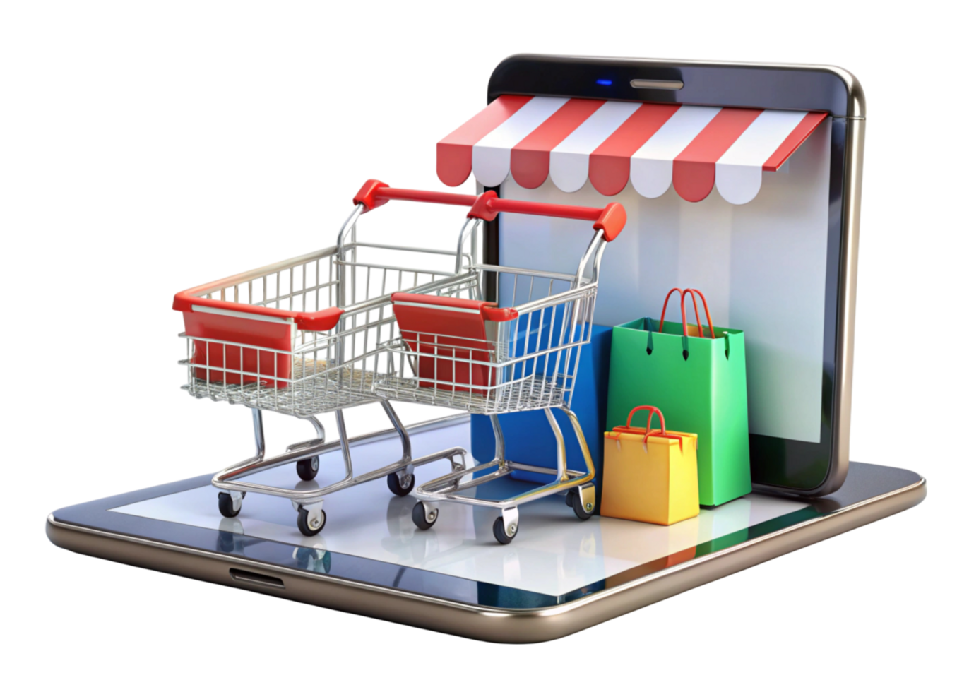 Innovative depiction of e commerce with a smartphone transforming into a virtual store and shopping tools png